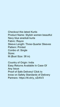 Checkout this latest KurtisProduct Name: *Stylish women beautiful Navy blue anarkali kurta *Fabric: RayonSleeve Length: Three-Quarter SleevesPattern: PrintedCombo of: SingleSizes:M (Bust Size: 38 in) Country of Origin: IndiaEasy Returns Available In Case Of Any Issue*Proof of Safe Delivery! - M (Bust Size: 38 in) 