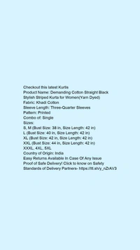 ☀️Myra Fashionable KurtisFabric: Khadi CottonSleeve Length: Three-Quarter SleevesPattern: StripedCombo of: Single - Colour- Light blue, Size- L