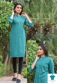 ☀️Myra Fashionable KurtisFabric: Khadi CottonSleeve Length: Three-Quarter SleevesPattern: StripedCombo of: Single - Colour- Light blue, Size- L