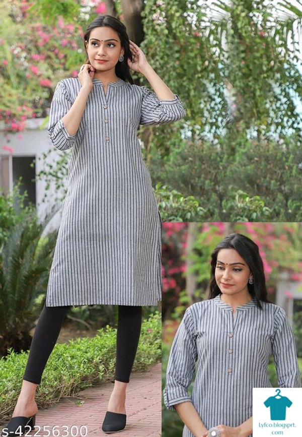☀️Myra Fashionable KurtisFabric: Khadi CottonSleeve Length: Three-Quarter SleevesPattern: StripedCombo of: Single - Colour- Light blue, Size- L