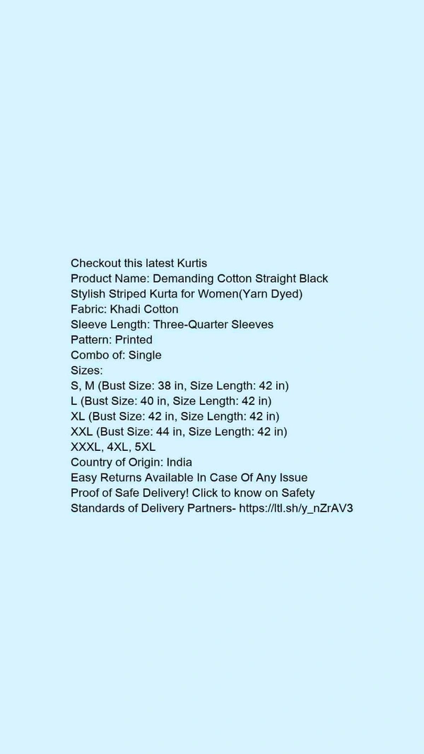☀️Myra Fashionable KurtisFabric: Khadi CottonSleeve Length: Three-Quarter SleevesPattern: StripedCombo of: Single - Colour- Silver , Size- XL