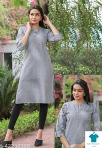 ☀️Myra Fashionable KurtisFabric: Khadi CottonSleeve Length: Three-Quarter SleevesPattern: StripedCombo of: Single - Colour- Silver , Size- XL