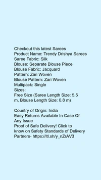 Product Name: *Aagyeyi Sensational Sarees*Saree Fabric: SilkBlouse: Separate Blouse PieceBlouse Fabric: JacquardPattern: Zari WovenBlouse Pattern: Zari WovenMultipack: Single - Free size