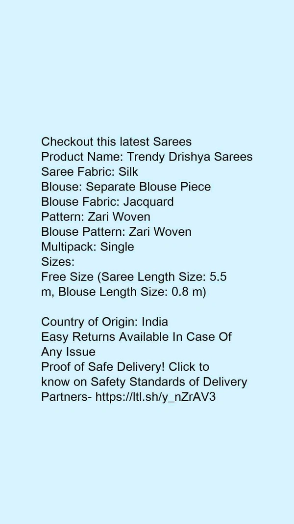 Product Name: *Aagyeyi Sensational Sarees*Saree Fabric: SilkBlouse: Separate Blouse PieceBlouse Fabric: JacquardPattern: Zari WovenBlouse Pattern: Zari WovenMultipack: Single - Free size