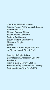 Product Name: *Alisha Voguish Sarees*Saree Fabric: SilkBlouse: Running BlouseBlouse Fabric: JacquardPattern: Zari WovenBlouse Pattern: Zari WovenMultipack: Single - Free Size (Saree Length Size: 5.5 m, Blouse Length Size: 0.8 m)