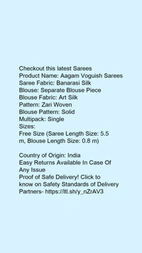 Product Name: *Aagam Voguish Sarees*Saree Fabric: Banarasi SilkBlouse: Separate Blouse PieceBlouse Fabric: Art SilkPattern: Zari WovenBlouse Pattern: SolidMultipack: Single - Free Size (Saree Length Size: 5.5 m, Blouse Length Size: 0.8 m) 