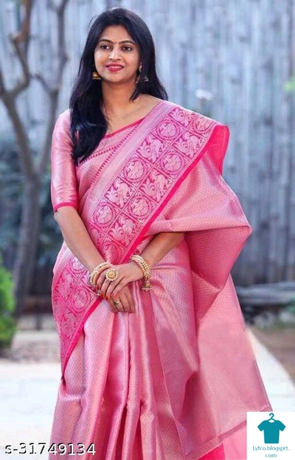 Product Name: *Embellished Kanjivaram Silk Blend Saree  *Saree Fabric: Kanjeevaram SilkBlouse: Separate Blouse PieceBlouse Fabric: Banarasi SilkPattern: Zari WovenBlouse Pattern: Same as BorderMultipack: Single - Free Size (Saree Length Size: 5.5 m, Blouse Length Size: 0.9 m)