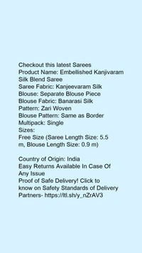 Product Name: *Embellished Kanjivaram Silk Blend Saree  *Saree Fabric: Kanjeevaram SilkBlouse: Separate Blouse PieceBlouse Fabric: Banarasi SilkPattern: Zari WovenBlouse Pattern: Same as BorderMultipack: Single - Free Size (Saree Length Size: 5.5 m, Blouse Length Size: 0.9 m)