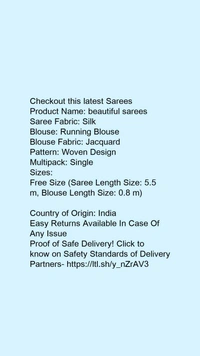 Product Name: *beautiful sarees*Saree Fabric: SilkBlouse: Running BlouseBlouse Fabric: JacquardPattern: Woven DesignMultipack: Single - Free Size (Saree Length Size: 5.5 m, Blouse Length Size: 0.8 m) 