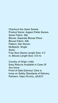 Product Name: *Aagam Petite Sarees*Saree Fabric: SilkBlouse: Separate Blouse PieceBlouse Fabric: SilkPattern: Zari WovenMultipack: Single - Free Size (Saree Length Size: 5.5 m, Blouse Length Size: 0.8 m) 