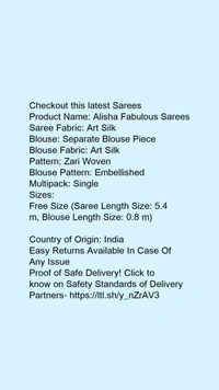 Product Name: *Alisha Fabulous Sarees*Saree Fabric: Art SilkBlouse: Separate Blouse PieceBlouse Fabric: Art SilkPattern: Zari WovenBlouse Pattern: EmbellishedMultipack: Single - Free Size (Saree Length Size: 5.4 m, Blouse Length Size: 0.8 m)