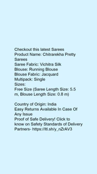 Product Name: *Chitrarekha Pretty Sarees*Saree Fabric: Vichitra SilkBlouse: Running BlouseBlouse Fabric: JacquardMultipack: Single - Free Size (Saree Length Size: 5.5 m, Blouse Length Size: 0.8 m) 