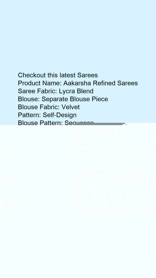 Product Name: *Abhisarika Fashionable Sarees*Saree Fabric: Lycra BlendBlouse: Separate Blouse PieceBlouse Fabric: VelvetPattern: Self-DesignBlouse Pattern: SequenceMultipack: Single - Free Size (Saree Length Size: 5.5 m, Blouse Length Size: 0.8 m) 