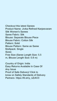 Product Name: *Jivika Refined Kanjeevaram Silk Women's Sarees*Saree Fabric: SilkBlouse: Separate Blouse PieceBlouse Fabric: Cotton SilkPattern: SolidBlouse Pattern: Same as SareeMultipack: Single - Free Size (Saree Length Size: 5.5 m, Blouse Length Size: 0.8 m) 