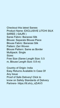 Product Name: *EXCLUSIVE LITCHI SILK SAREE ( GAJRI )*Saree Fabric: Banarasi SilkBlouse: Separate Blouse PieceBlouse Fabric: Banarasi SilkPattern: Zari WovenBlouse Pattern: Same as BorderMultipack: Single - Free Size (Saree Length Size: 5.5 m, Blouse Length Size: 0.8 m) 