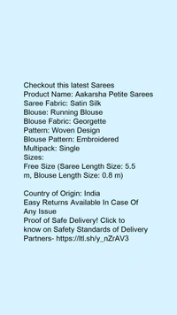 Product Name: *Myra Superior Sarees*Saree Fabric: Satin SilkBlouse: Running BlouseBlouse Fabric: GeorgettePattern: Woven DesignBlouse Pattern: EmbroideredMultipack: Single - Free size