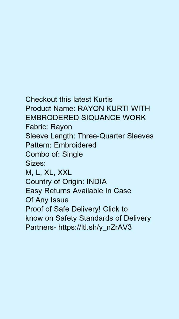 Product Name: *RAYON KURTI WITH EMBRODERED SIQUANCE WORK *Fabric: RayonSleeve Length: Three-Quarter SleevesPattern: EmbroideredCombo of: Single - Colour- Yellow, size- XXL