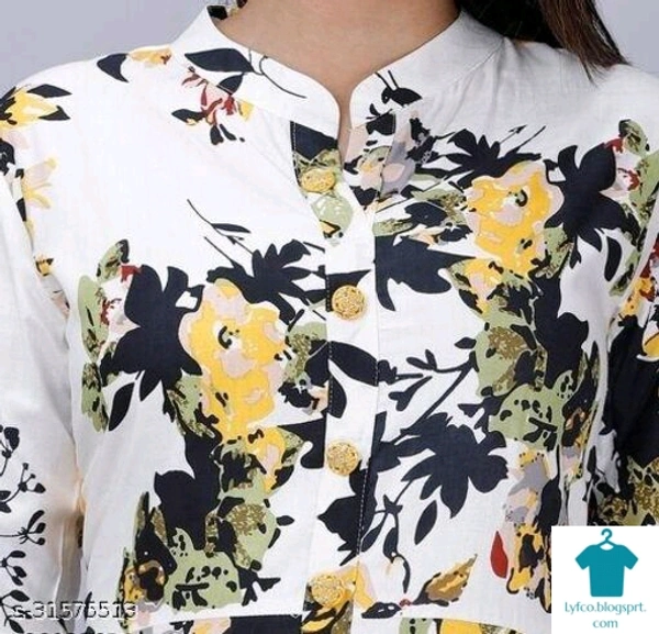 Product Name: *Trendy White Premium Yellow Flower Design Flared Kurti*Fabric: RayonSleeve Length: Three-Quarter SleevesPattern: PrintedCombo of: Single - size- XL