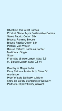 Product Name: *Adrika Attractive Sarees*Saree Fabric: Cotton SilkBlouse: Running BlouseBlouse Fabric: Cotton SilkPattern: Zari WovenBlouse Pattern: Same as BorderMultipack: Single - Free size