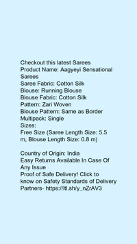 Product Name: *Adrika Attractive Sarees*Saree Fabric: Cotton SilkBlouse: Running BlouseBlouse Fabric: Cotton SilkPattern: Zari WovenBlouse Pattern: Same as BorderMultipack: Single - Free size