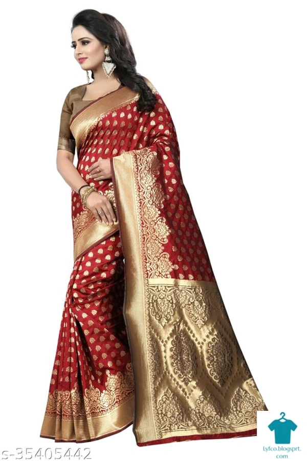 Product Name: *Manjula's ethnic wear kanjeevaram maroon colour cotton silk saree.*Saree Fabric: Cotton SilkBlouse: Separate Blouse PieceBlouse Fabric: Cotton SilkPattern: Zari WovenBlouse Pattern: Same as BorderMultipack: Single - Free Size (Saree Length Size: 5.2 m, Blouse Length Size: 0.8 m) 