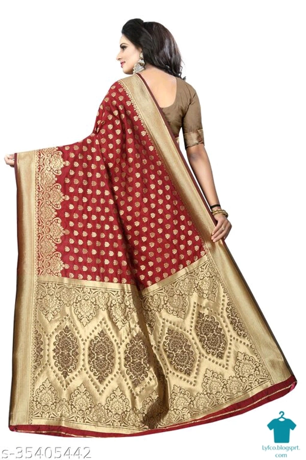 Product Name: *Manjula's ethnic wear kanjeevaram maroon colour cotton silk saree.*Saree Fabric: Cotton SilkBlouse: Separate Blouse PieceBlouse Fabric: Cotton SilkPattern: Zari WovenBlouse Pattern: Same as BorderMultipack: Single - Free Size (Saree Length Size: 5.2 m, Blouse Length Size: 0.8 m) 