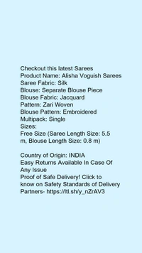 Product Name: *Alisha Voguish Sarees*Saree Fabric: SilkBlouse: Separate Blouse PieceBlouse Fabric: JacquardPattern: Zari WovenBlouse Pattern: EmbroideredMultipack: Single - Free Size (Saree Length Size: 5.5 m, Blouse Length Size: 0.8 m) 