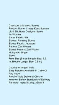 Product Name: *Classy Kanchipuram Lichi Silk Butta Designer Saree for Women*Saree Fabric: SilkBlouse: Running BlouseBlouse Fabric: JacquardPattern: Zari WovenBlouse Pattern: Zari WovenMultipack: Single - Free Size (Saree Length Size: 5.5 m, Blouse Length Size: 0.9 m) 