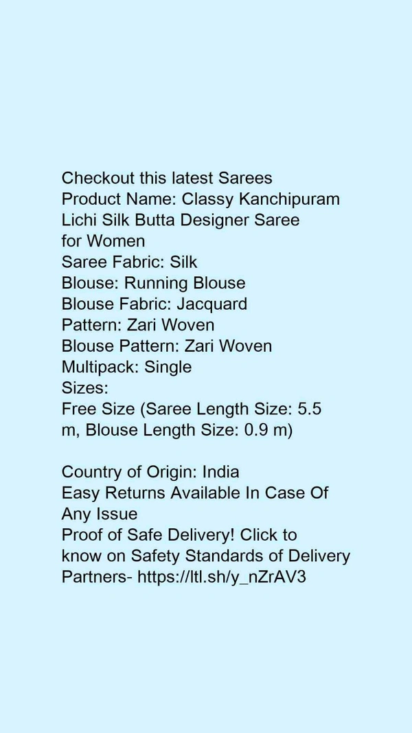 Product Name: *Classy Kanchipuram Lichi Silk Butta Designer Saree for Women*Saree Fabric: SilkBlouse: Running BlouseBlouse Fabric: JacquardPattern: Zari WovenBlouse Pattern: Zari WovenMultipack: Single - Free Size (Saree Length Size: 5.5 m, Blouse Length Size: 0.9 m) 