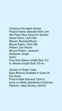 Product Name: *Beautiful Soft Lichi Silk Party Wear Saree for Women*Saree Fabric: Litchi SilkBlouse: Running BlouseBlouse Fabric: Litchi SilkPattern: Zari WovenBlouse Pattern: JacquardMultipack: Single - Free Size (Saree Length Size: 5.5 m, Blouse Length Size: 0.9 m) 