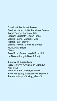 Product Name: *Jivika Fabulous Sarees*Saree Fabric: Banarasi SilkBlouse: Separate Blouse PieceBlouse Fabric: Banarasi SilkPattern: Zari WovenBlouse Pattern: Same as BorderMultipack: Single - Free Size (Saree Length Size: 5.5 m, Blouse Length Size: 0.8 m)