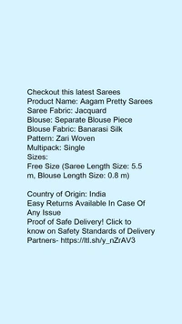 Product Name: *Jivika Fabulous Sarees*Saree Fabric: Banarasi SilkBlouse: Separate Blouse PieceBlouse Fabric: Banarasi SilkPattern: Zari WovenBlouse Pattern: Same as BorderMultipack: Single - Free size