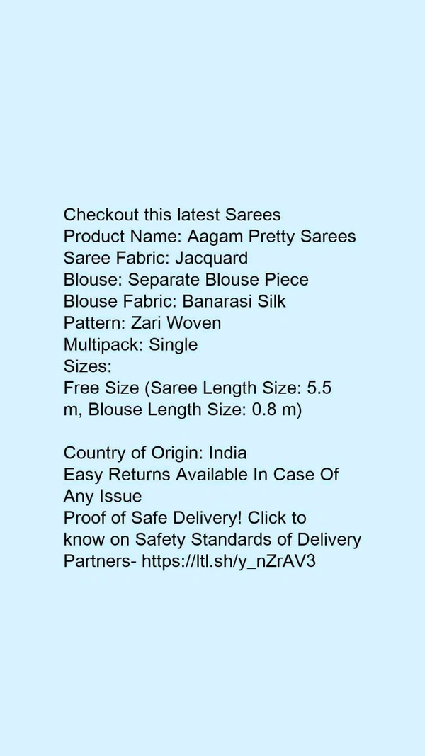 Product Name: *Jivika Fabulous Sarees*Saree Fabric: Banarasi SilkBlouse: Separate Blouse PieceBlouse Fabric: Banarasi SilkPattern: Zari WovenBlouse Pattern: Same as BorderMultipack: Single - Free size