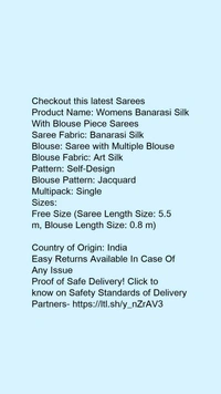 Product Name: *Womens Banarasi Silk With Blouse Piece Sarees*Saree Fabric: Banarasi SilkBlouse: Saree with Multiple BlouseBlouse Fabric: Art SilkPattern: Self-DesignBlouse Pattern: JacquardMultipack: Single - Free Size (Saree Length Size: 5.5 m, Blouse Length Size: 0.8 m) 