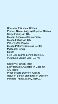Product Name: *Aagyeyi Superior Sarees*Saree Fabric: Art SilkBlouse: Separate Blouse PieceBlouse Fabric: Art SilkPattern: Zari WovenBlouse Pattern: Same as BorderMultipack: Single - Free size