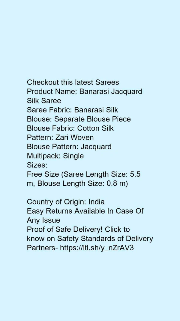 Product Name: *Banarasi Jacquard Silk Saree*Saree Fabric: Banarasi SilkBlouse: Separate Blouse PieceBlouse Fabric: Cotton SilkPattern: Zari WovenBlouse Pattern: JacquardMultipack: Single - Free size, Colour- Dark red
