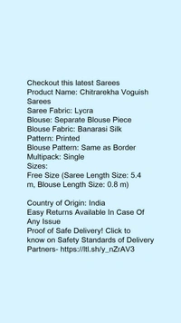 Product Name: *Chitrarekha Voguish Sarees*Saree Fabric: LycraBlouse: Separate Blouse PieceBlouse Fabric: Banarasi SilkPattern: PrintedBlouse Pattern: Same as BorderMultipack: Single - Free size