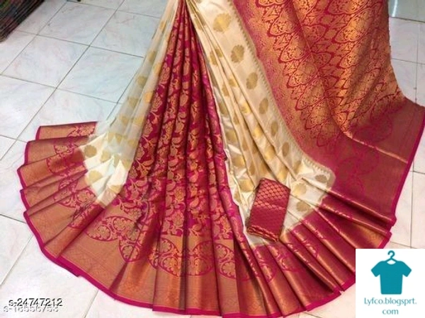Product Name: *Bake Bihari White-Pink*Saree Fabric: Banarasi SilkBlouse: Separate Blouse PieceBlouse Fabric: Banarasi SilkPattern: Zari WovenBlouse Pattern: Zari WovenMultipack: Single - Free size