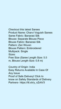 Product Name: *Charvi Voguish Sarees*Saree Fabric: Banarasi SilkBlouse: Separate Blouse PieceBlouse Fabric: Banarasi SilkPattern: Zari WovenBlouse Pattern: EmbroideredMultipack: Single - Free size