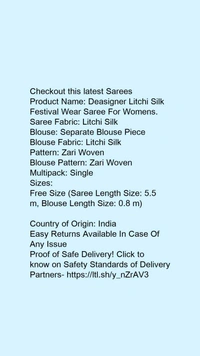 Product Name: *Deasigner Litchi Silk Festival Wear Saree For Womens.*Saree Fabric: Litchi SilkBlouse: Separate Blouse PieceBlouse Fabric: Litchi SilkPattern: Zari WovenBlouse Pattern: Zari WovenMultipack: Single - Free size