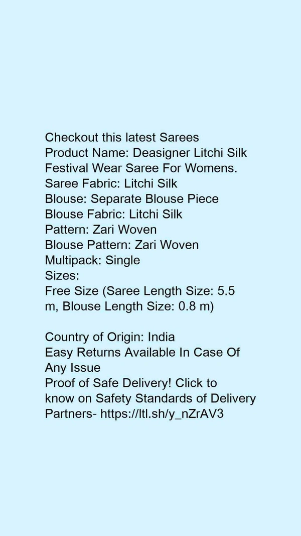 Product Name: *Deasigner Litchi Silk Festival Wear Saree For Womens.*Saree Fabric: Litchi SilkBlouse: Separate Blouse PieceBlouse Fabric: Litchi SilkPattern: Zari WovenBlouse Pattern: Zari WovenMultipack: Single - Free size