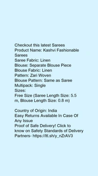 Product Name: *Kashvi Fashionable Sarees*Saree Fabric: LinenBlouse: Separate Blouse PieceBlouse Fabric: LinenPattern: Zari WovenBlouse Pattern: Same as SareeMultipack: Single - Colour- yellow