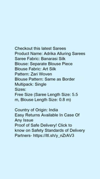 Product Name: *Adrika Alluring Sarees*Saree Fabric: Banarasi SilkBlouse: Separate Blouse PieceBlouse Fabric: Art SilkPattern: Zari WovenBlouse Pattern: Same as BorderMultipack: Single - Free size