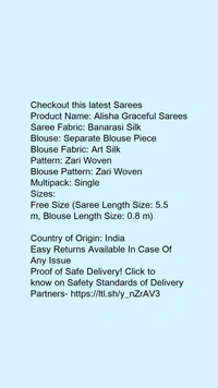 Product Name: *Aagam Voguish Sarees*Saree Fabric: Banarasi SilkBlouse: Separate Blouse PieceBlouse Fabric: Art SilkPattern: Zari WovenBlouse Pattern: SolidMultipack: Single - Free size