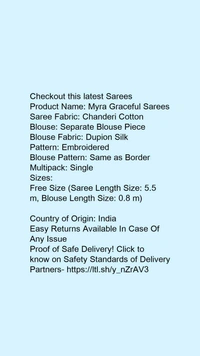 Product Name: *Myra Graceful Sarees*Saree Fabric: Chanderi CottonBlouse: Separate Blouse PieceBlouse Fabric: Dupion SilkPattern: EmbroideredBlouse Pattern: Same as BorderMultipack: Single - Colour- violet red, Free size