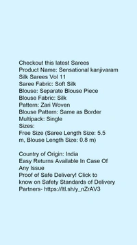Product Name: *Sensational kanjivaram Silk Sarees Vol 11*Saree Fabric: Soft SilkBlouse: Separate Blouse PieceBlouse Fabric: SilkPattern: Zari WovenBlouse Pattern: Same as BorderMultipack: Single - Free size