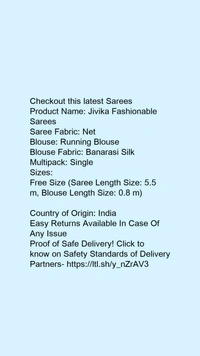 Product Name: *Jivika Fashionable Sarees*Saree Fabric: NetBlouse: Running BlouseBlouse Fabric: Banarasi SilkMultipack: SingleSizes: Free Size (Saree Length Size: 5.5 m, Blouse Length Size: 0.8 m)  - Free size