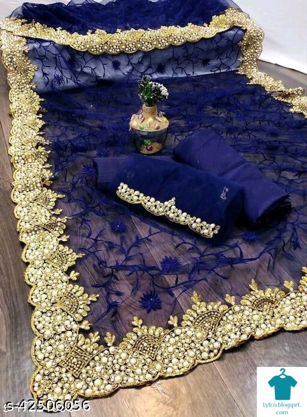 Product Name: *Jivika Petite Sarees*Saree Fabric: NetBlouse: Semi-Stitched BlouseBlouse Fabric: SatinPattern: EmbroideredBlouse Pattern: EmbroideredMultipack: Single - Free size, Colour- Blue