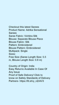 Product Name: *Adrika Sensational Sarees*Saree Fabric: Vichitra SilkBlouse: Separate Blouse PieceBlouse Fabric: SilkPattern: EmbroideredBlouse Pattern: EmbroideredMultipack: Single - Free size