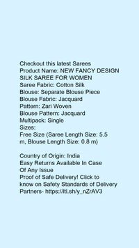 Product Name: *NEW FANCY DESIGN SILK SAREE FOR WOMEN *Saree Fabric: Cotton SilkBlouse: Separate Blouse PieceBlouse Fabric: JacquardPattern: Zari WovenBlouse Pattern: JacquardMultipack: Single - Free size